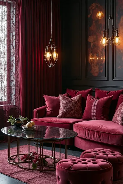 An elegant living room inspired by sexy lace lingerie blends sensuality and sophistication in an intimate atmosphere. Walls dressed in deep black or burgundy velvet create a cozy cocoon, while touches of delicate lace applied to decorative panels or used a...