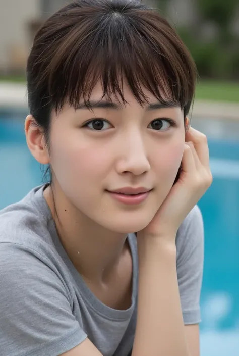    high resolution photo of a young Japanese woman , Haruka Ayase、  masterpiece,   great quality ,   complicated details,    very well detailed  ,     professional lighting , electronic flash   , (    sharp concentration),  alone,    laughing while sitting...