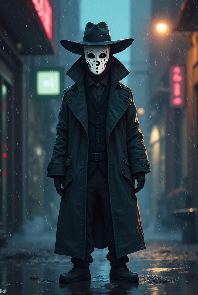 Create a dark and realistic illustration to become a Tik tok PNG character. He wears a long, worn, dark-colored overcoat with a wide-brimmed hat that partially conceals his face. In place of the facial features, there is a white mask, where there is a ques...