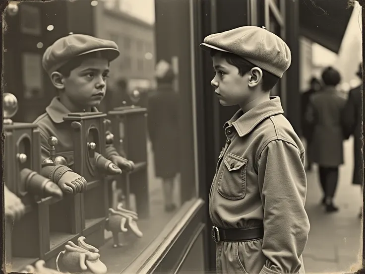 Vieille photo des années 1930 avec un Zeiss Ikon Ikonta 520./2 caméras,  publié par le Musée de la photographie historique en 1930 ., (garçon en vêtements déchirés de mendiant) regarder (Vitrine d&#39;un magasin de jouets), vitrine avec des jouets dans un ...