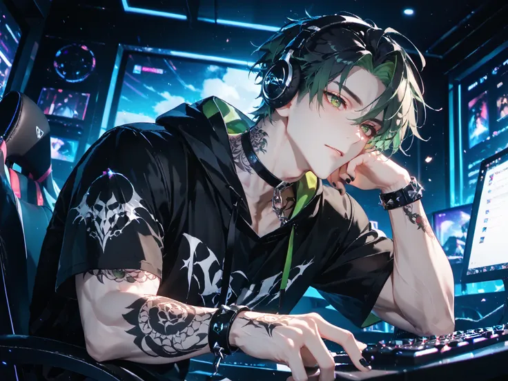 side view, solo, 1boy, dark green eyes ((Eyes with high detail, no defects, pupils of equal size)), goth, loving gaze, pale skin, handsome, black hair+gradient green hair tips, short wolfcut, headphones, choker, black plain hoodie, black nails, chain brace...