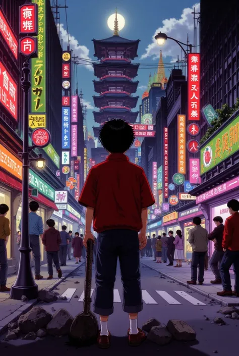 inspired by Andrew Warhola//Silkscreen Art //1980s movie poster/AKIRA//Kyoto in the near future/A five-story pagoda towering over a neon-lit cityscape//The story of a boy who challenges an alien invasion//Boy standing with an iron pipe//