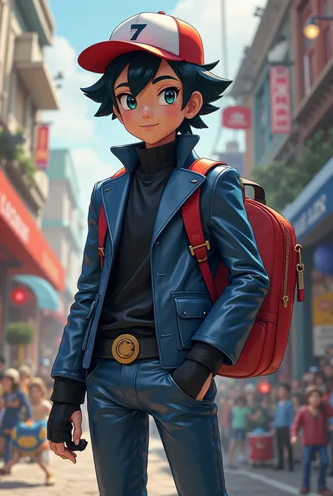 Early age boy 、pokemon ash、 word、 black hair、 red cap with white front、shiny navy blue leather blazer、shiny black vinyl high neck sweater、 black gloves、shiny dark blue leather tight pants、3d