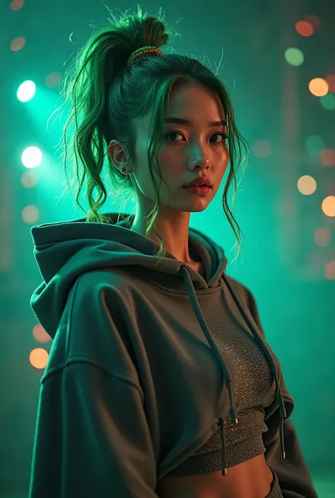 green hair cosplay star wars and star trek combined, casually posing beautiful mongolian young woman wearing wolf grey hoodie showing mid riff 6 pack abs, with working lights, make a nike shoe from of the future with features of a kobe bryant and michael j...