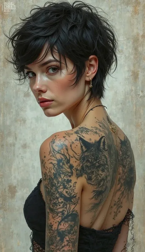 A beautiful woman with short hair and a wolf tattoo all over her back 