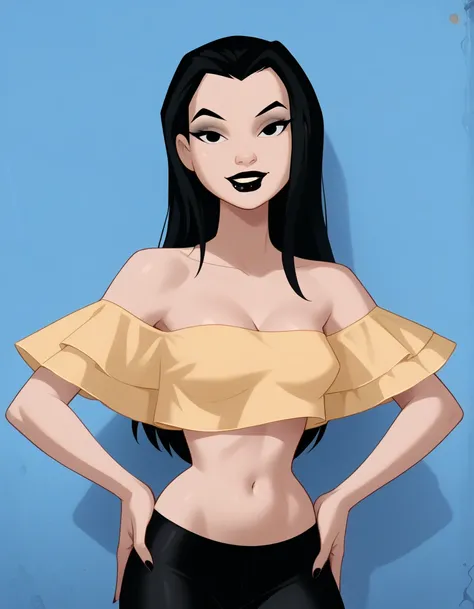 danatan, 1girl, black hair, solo, long hair, black eyes, black lipstick, makeup,, score_9, score_8_up, score_7_up, score_6_up, score_5_up, score_4_up, 1girl, looking at viewers, strapless, a orange off the shoulder shirt, navel, black leggings, medium brea...