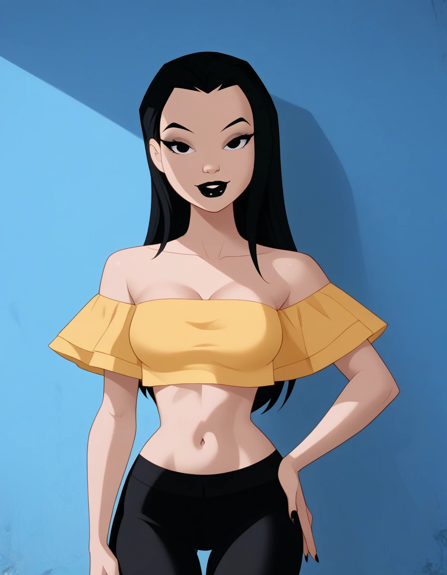 danatan, 1girl, black hair, solo, long hair, black eyes, black lipstick, makeup,, score_9, score_8_up, score_7_up, score_6_up, score_5_up, score_4_up, 1girl, looking at viewers, strapless, a orange off the shoulder shirt, navel, black leggings, medium brea...