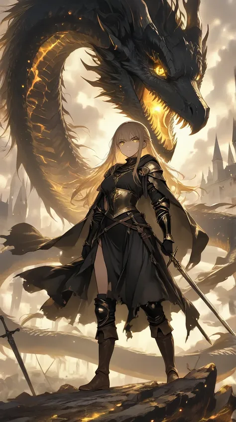 female 30 year old with long blond hair and gold eyes wearing medieval black gauntlets and boots and a black shirt while looking intimidating with a black sword in her hand, large purple eldritch dragon in  the background behind her, high detail, high qual...