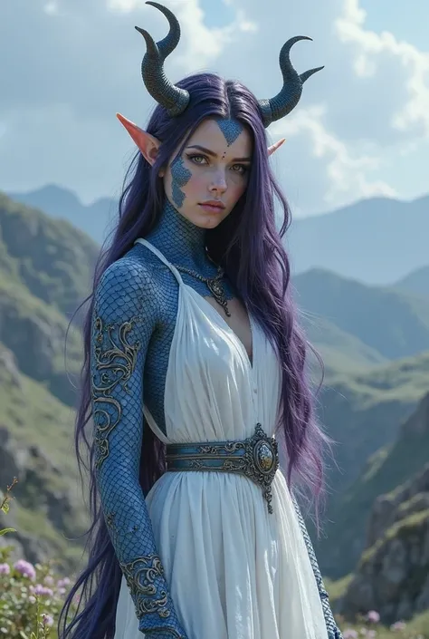 Daughter of a Draconate and an Elf,  dark purple hair, some bluish scales on the face and body, long white medieval dress,  Dragon Horns,  gray eyes, adult, Pointy Elf Ears