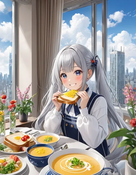  long silver hair 、 beautiful twin-tail girl、Dining in a high-rise apartment with large windows、You can see a skyscraper from outside the window、Blue sky and white clouds、eating toast while drinking corn soup with a smile、The inside of the dining room is d...