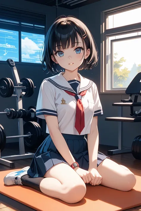  black hair、shortcuts、 exercise sitting、uniform、 Panchira