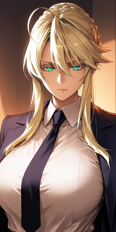 Masterpiece, very aesthetic, vibrant, high contrast, high resolution, ultra detailed, elegant mature woman, milf, artoria pendragon (lancer) (fate), curvaceous, upper body, tie, sleeveless collared shirt, jacket, soft light, best quality, ishida akira cg s...