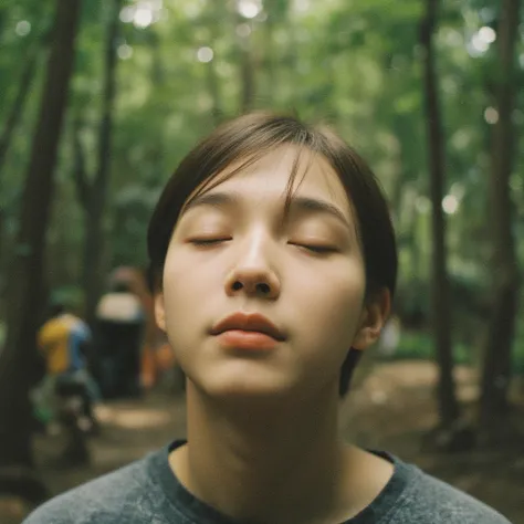 A  boy takes a deep breath, Look up at the sky and, closes eyes, he looks pleasant and refreshed, Relaxed attire, forest and people Background, masterpiece, best quality, detailed, high resolution, photorealistic