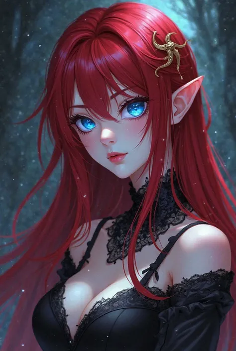 Vampire woman with long red hair and blue eyes. anime style