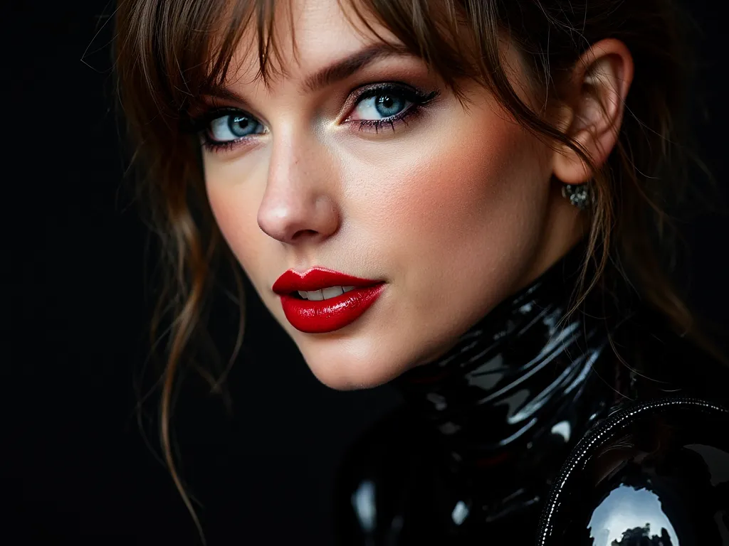 close up of face, deep red shiny lip gloss, latex bodysuit, smile 