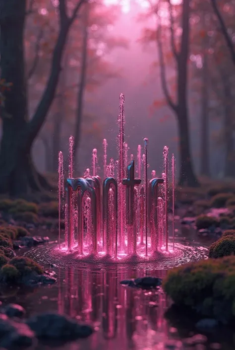 crie uma logo de DJ de dark/Forest called (MUTE) with 3D metallic fountains,  with shades of pink , that is cyberpunk 