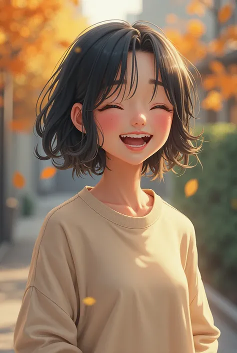 a asian girl with short black hair with blonde highlights wearing a baggy sport like sweater that is laughing