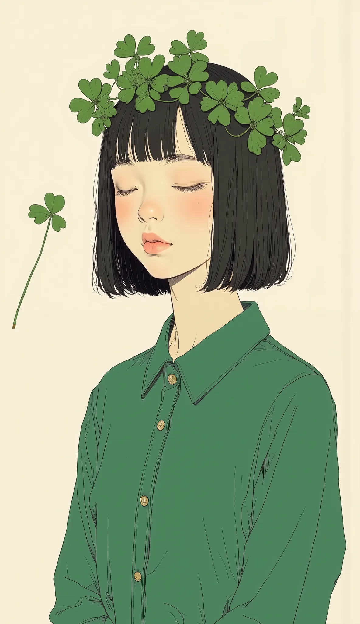 teeth、depicts a girl wearing a green dress with her eyes closed, A flower crown woven with clovers、Minimalistic painting by Yoshitomo Nara, Tumbler, それteeth何ですか？, Nara Yoshitomo, shinsui ito, sui ishida, kaoru mori,  Yaoi Kasuma , Kurumada Masami, Rinko Ka...