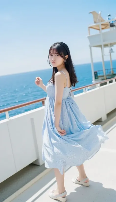 "A Japanese woman stands at the bow of a luxurious cruise ship, feeling the ocean breeze. Her long hair flows in the wind, and she wears a light blue dress that gently flutters. The background shows the vast open sea and a clear blue sky. The sunlight refl...