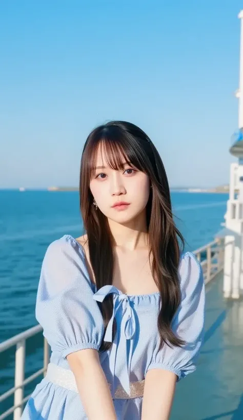 "A Japanese woman stands at the bow of a luxurious cruise ship, feeling the ocean breeze. Her long hair flows in the wind, and she wears a light blue dress that gently flutters. The background shows the vast open sea and a clear blue sky. The sunlight refl...