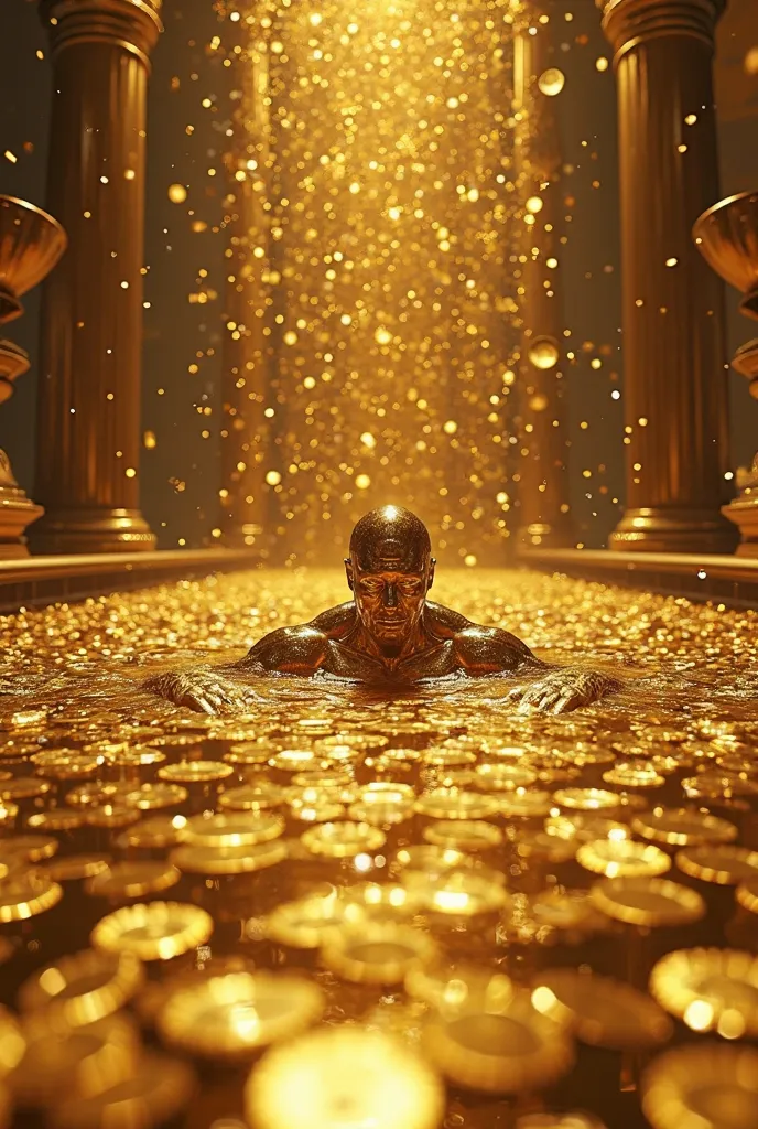 A golden man swimming in a pool filled with gold raining thousands and millions of gold coins