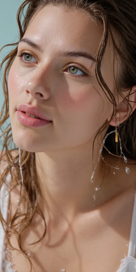 (((Full body:1.6))) Hyper realistic eye level exterior photo Create a photorealistic, healthy female model in her early 20s. Water cascades onto her hair and face, leaving glistening droplets and streams elegantly flowing down her skin. She wears a subtle...