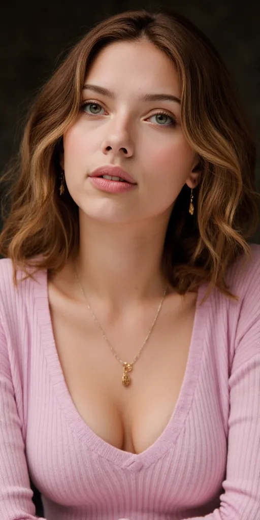 Young woman, likely late s or early twenties, with light brown, wavy hair, presented in a close-up portrait style.  Natural light illuminates her face, creating soft shadows and highlights, highlighting her facial features.  She displays a neutral, attenti...