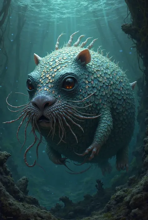 Make a hybrid being of fusion between a capygeoncho (capybara) And an abyssal fish