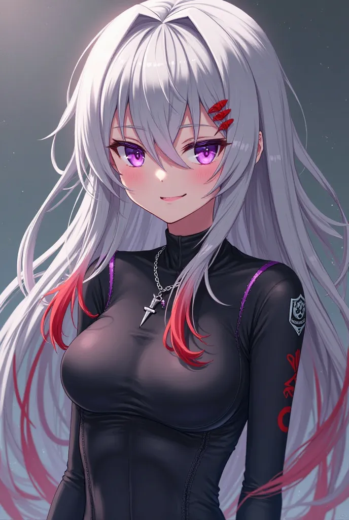 Create an anime girl with long silver hair with red strands they are slightly wavy. Her eyes should be sharp purple with a red glow. She has high cheekbones, a narrow nose, full lips and a penetrating look. Her skin should be very light almost porcelain wi...