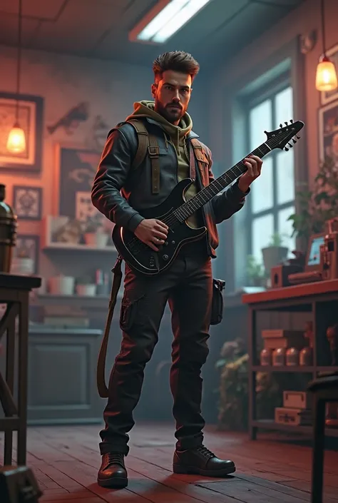 there is a man standing in a room with a guitar, in-game, in - game, virtual metaverse room, holding a mp7, in game, weapon shop interior, realism in style of fornite game, in-game 3d model, armed with edged weapons, first person gun, life simulator game s...