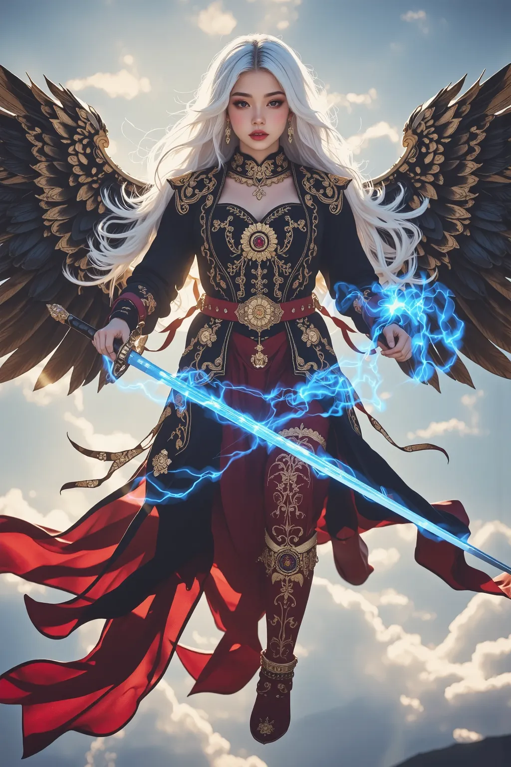 A Beautiful Russian-half-Japanese woman warrior, adorned in intricate golden-black-red armor, holding a magic intricate sword with blue aura effect, jump down from the sky, surrounded by a radiant aura and intricate wings with ruby sapphire and gold. The a...