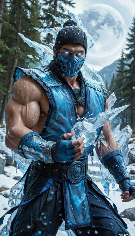 Mksubzero, his eyes are bright glowing blue and frost is gushing from his wrist, ice particles are gathered on lower part of the gloves, the gloves cover his fingers, the costume is adorned with a black mask and lower part of the mask blue and highly textu...