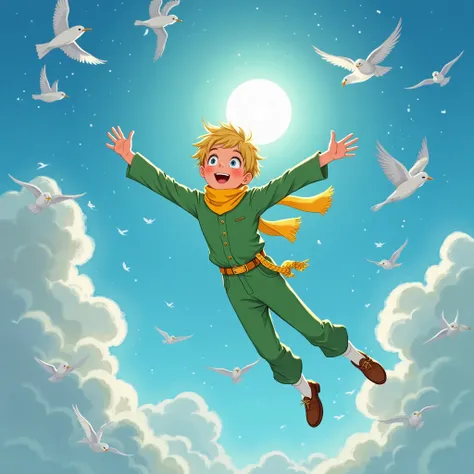 Little Prince, green clothes and pants, yellow scarf around the neck, Yellow belt around the waist, blond hair, laughing,  with open arms , Flying in the infinite blue sky with birds, Towards the Sun.