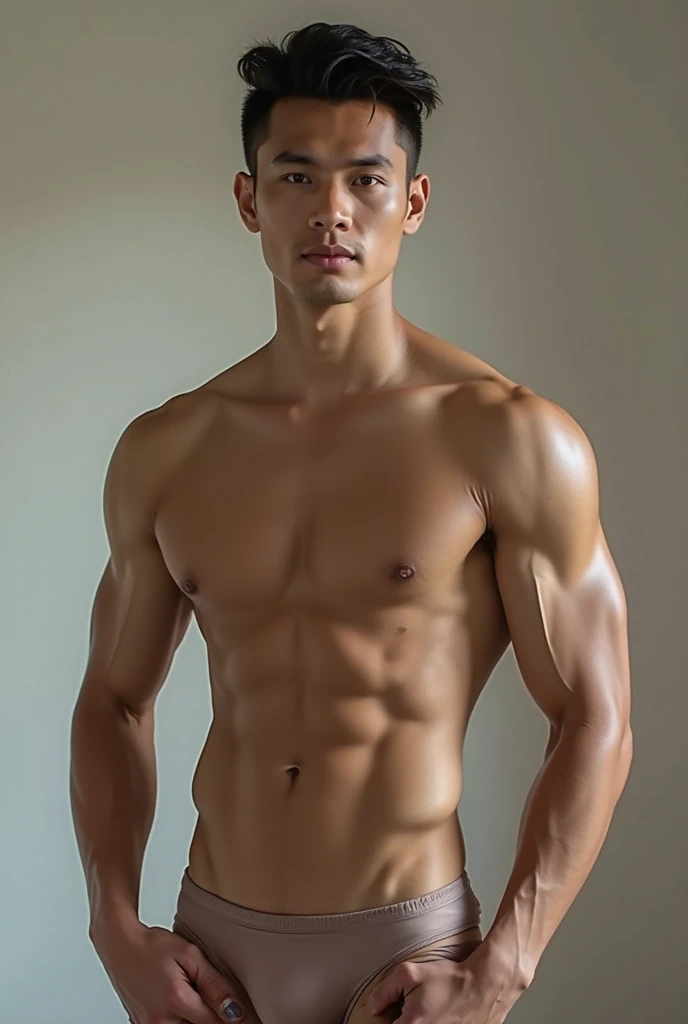 Vietnamese young handsome shirtless with underwear, light muscle