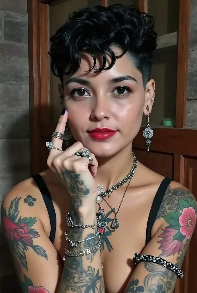 I want an image of a woman with short pixie hair, curly and black,covering part of her left face , Beautiful painting with deep red lips , with eyes closed and with the head tilted slightly upwards, floral tattoos, chrysanthemums and roses on her body, sex...