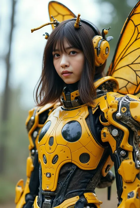 Insect-type Cyborg Girl, (top-quality:1.2, masterpiece), ultra-high resolution, ultimately surrealism, (Photorealsitic:1.4), (Like a queen bee (mechanical:1.4), (armor:1.1)), mechanical large wings, Yellow and black porcelain body resembling a wasp, mechan...