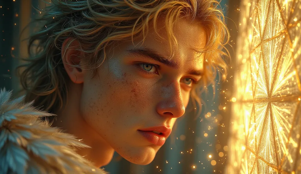 Close-up of a blond haired male angel speaking into a light with an expression of concern in the background of nines and columns and sparks  