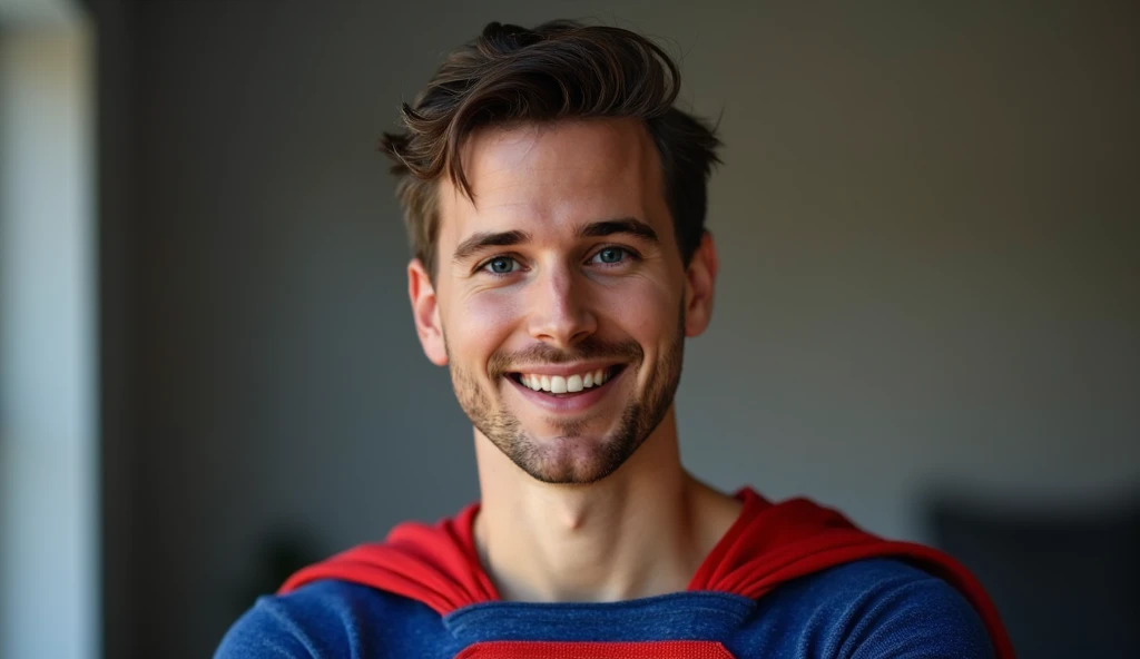 Superman andA professional headshot of a young, friendly, smiling white male with short, neatly styled hair. He is wearing a casual yet smart outfit and is set against a neutral background. The lighting is soft and natural, highlighting his face and creati...