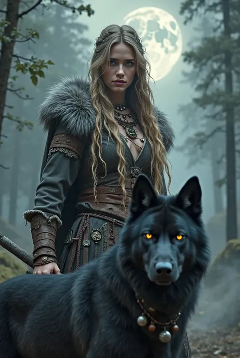 A powerful 35-year-old barbarian warrior known as Freyja, the Spirit Priestess, stands in a mystical misty forest landscape. She has an enigmatic and serene gaze, carrying the wisdom of the ancients. Her long, flowing hair shines in the moonlight, and her ...