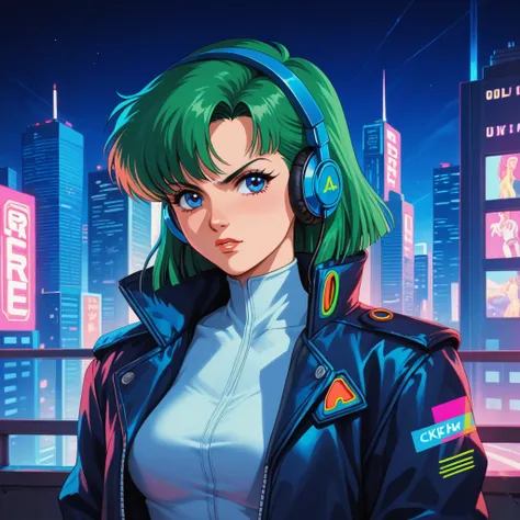 (80's, retro, pop poster of the city :1.5), (Album cover), (masterpiece), (anime, figure). The character has short green hair and is wearing headphones and a jacket.