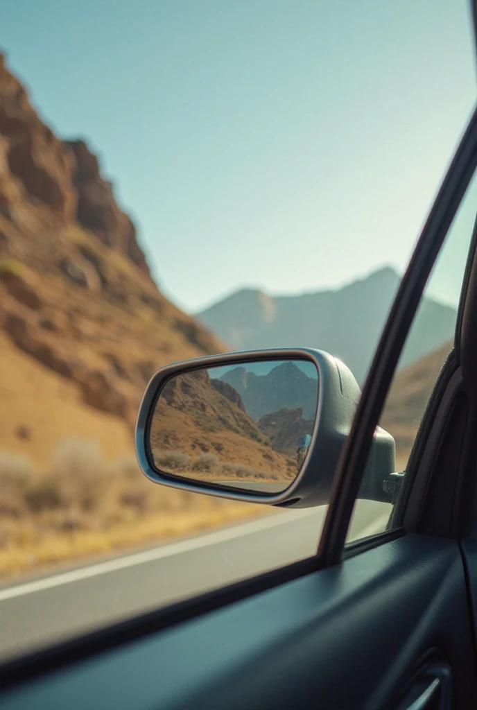 "A close-up view of an open car window from the outside, as if a camera is taking a photo of the window from an external perspective. The focus is on the window frame, without revealing much of the car itself. The background suggests motion with a blurred ...