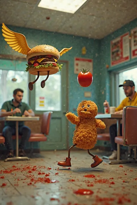 Hyper realistic flying burger without legs but with wings and a walking nugget with small legs and without arms without face throwing a rotten tomato at a strict customer covered in ketchup inside a McDonalds covered in dust