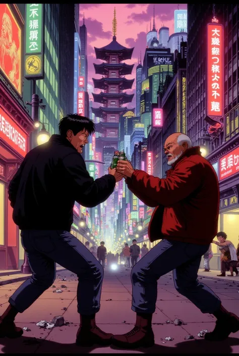 inspired by Andrew Warhola//Silkscreen Art //1980s movie posters/AKIRA//Kyoto in the near future/A five-story pagoda towering over a neon-lit cityscape//Two drunk old men are fighting over beer bottles//