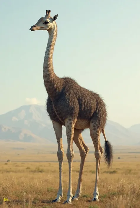  Create a hybrid animal , Realistic. Of a giraffe with some characteristics of an ostrich 