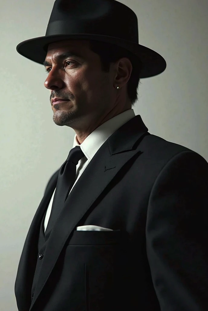 A picture of a man with a strong personality, wearing a formal suit and a hat on his head, and only his right side is visible, that is, in profile