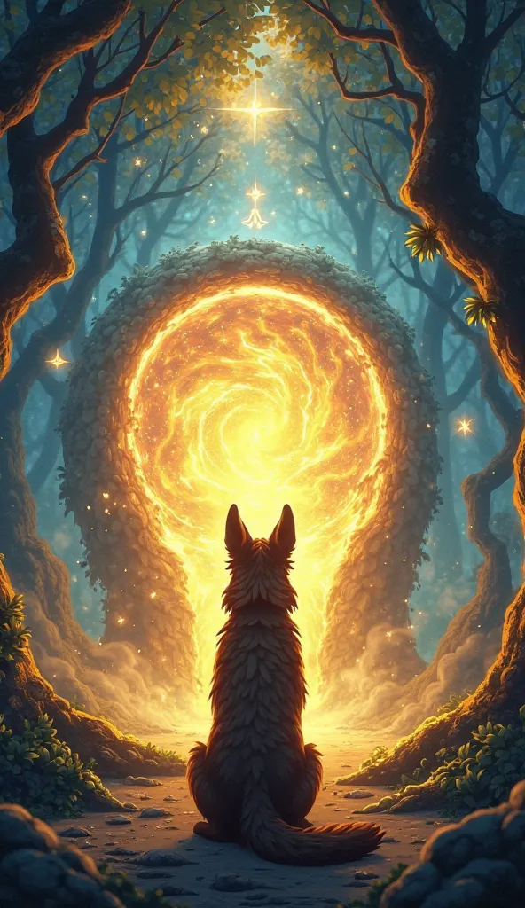 "A breathtaking 3D cartoon image of Bruno A strong and courageous German Shepherd, with dark-toned golden fur on his back, glowing brown eyes, the heroic German Shepherd, stands before a huge glowing portal hidden within the ancient forest. The portal is m...