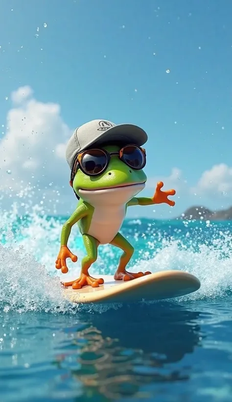 "A stylish frog wearing caps and sunglasses, balanced on a surfboard in the crystal blue sea. Small drops of water fly around as it glides across the waves, smiling with fun. Disney Pixar style 3D high definition."