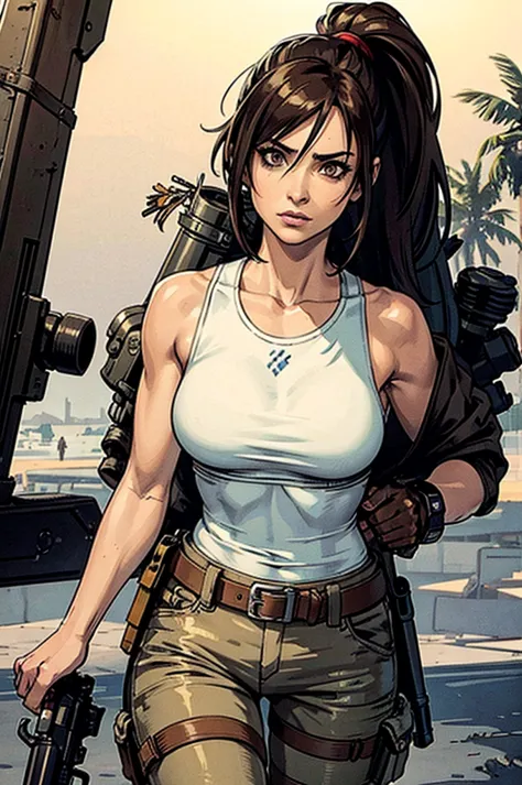 a military woman, well trained body, white sleeveless t-shirt, Exposed collarbone, beige leather shelter, blue pants, two leather belts with gun pockets, dark brown hair, carving, Brown eyes, hazel left eye, left eye with a scar, beach shore, at daytime, g...