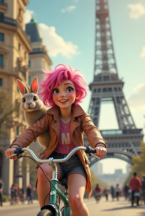 Realistic pink-haired woman riding a bicycle with a rabbit on her back and with the Tower of Paris in the background