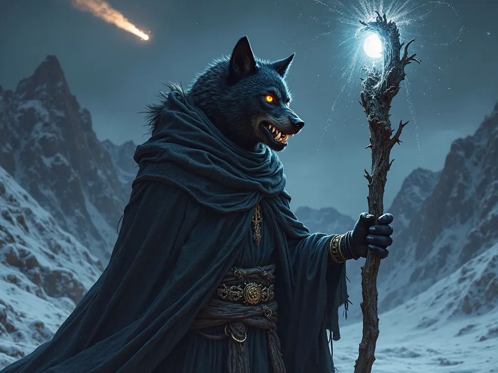 Werewolf wrapped in a black cloak,  holding a magic staff , with a meteor falling from the sky in a snowy climate.